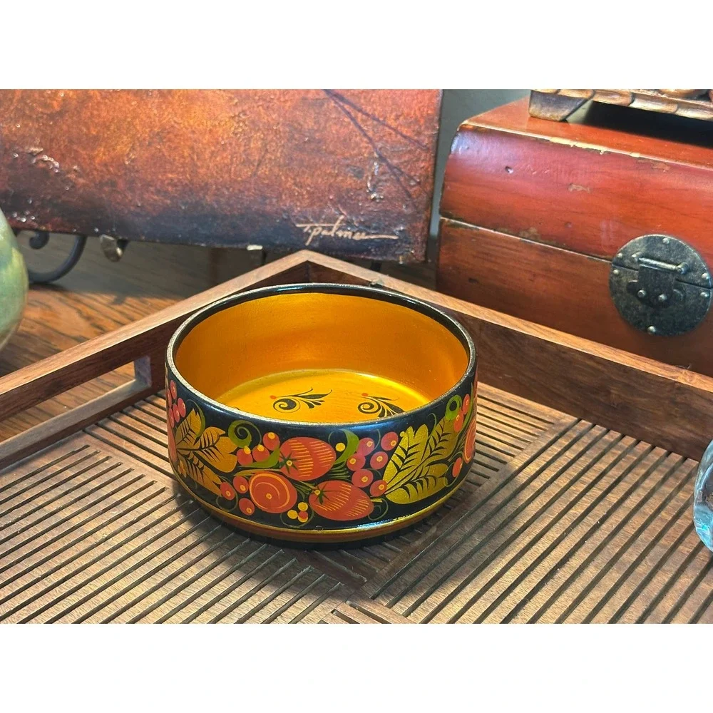 Vintage Khokhloma Wooden Bowl Hand Painted Strawberry Folk Art Black Gold